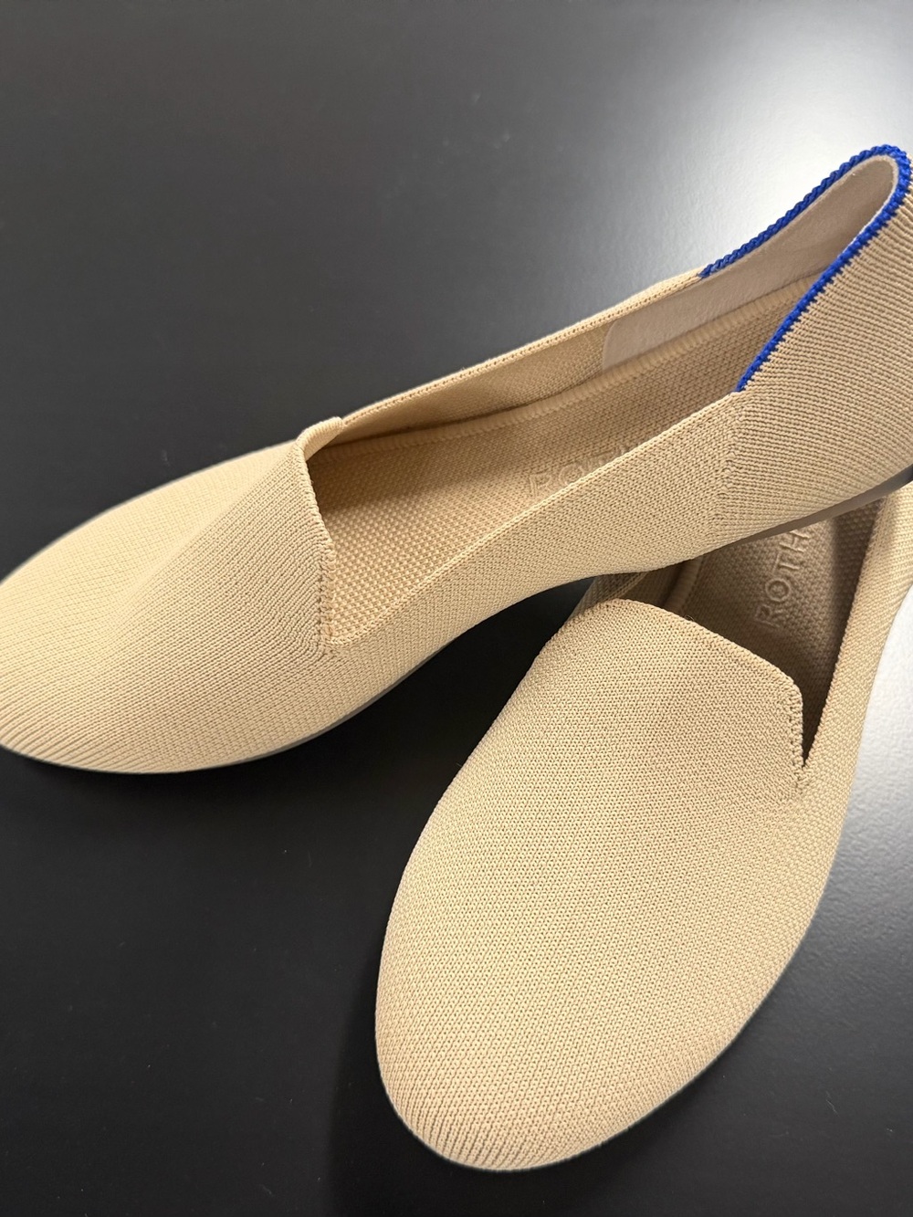 Rothy's Beige Knit Slip-Ons with Blue Trim